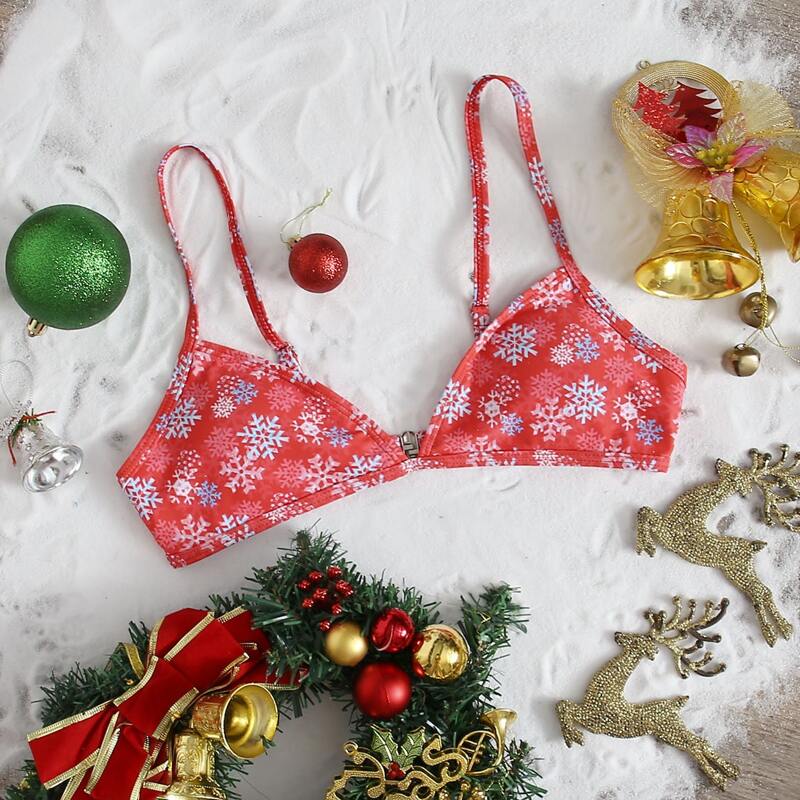 

Christmas Snowflake Print Bikini Top, Red