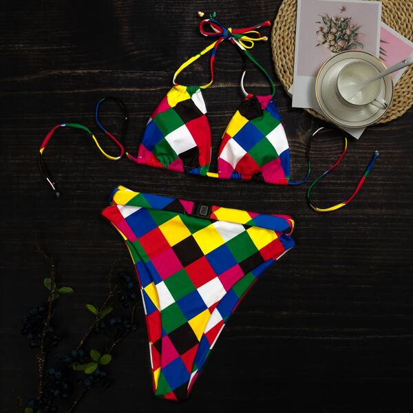 

Plaid Triangle High Waisted Bikini Swimsuit, Multicolor