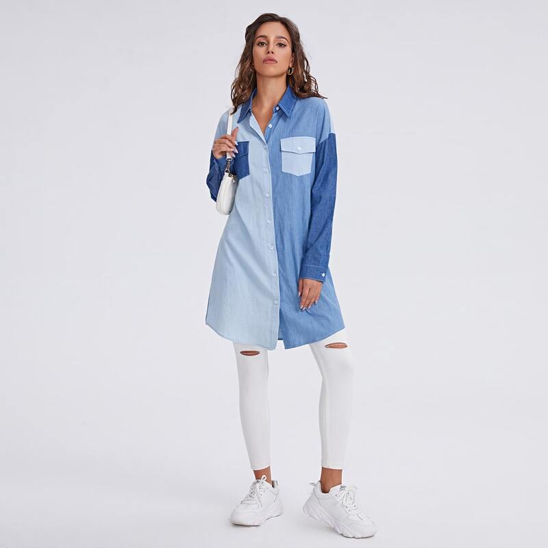 

Button Front Flap Pocket Colorblock Longline Denim Blouse, Light wash