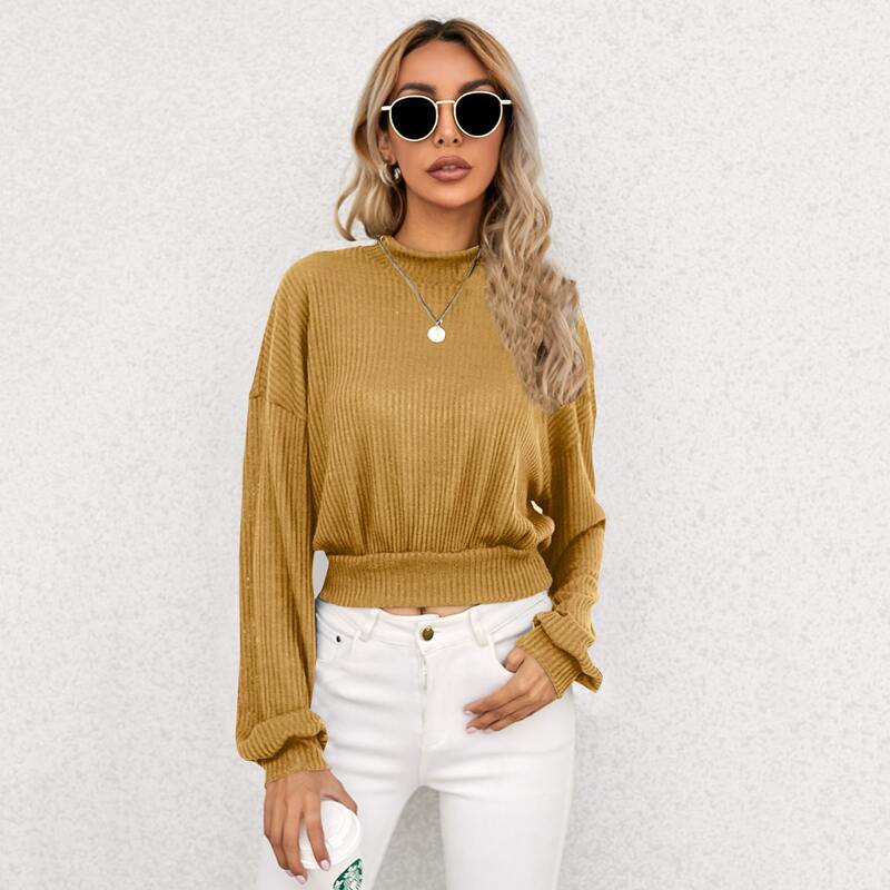 

Solid Drop Shoulder Mock Neck Sweatshirt, Mustard yellow