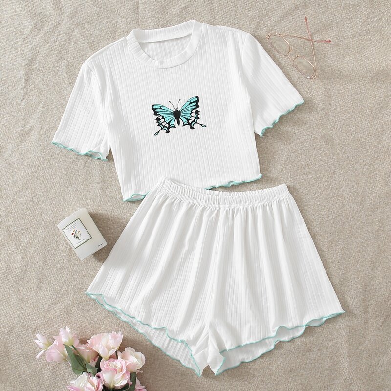 

Butterfly Print Contrast Binding Tee & Shorts PJ Set, White