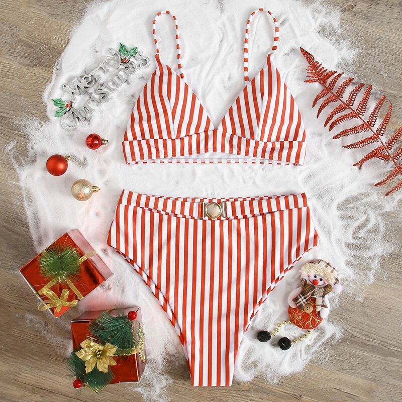 

Striped High Waist Bikini Swimsuit, Red and white