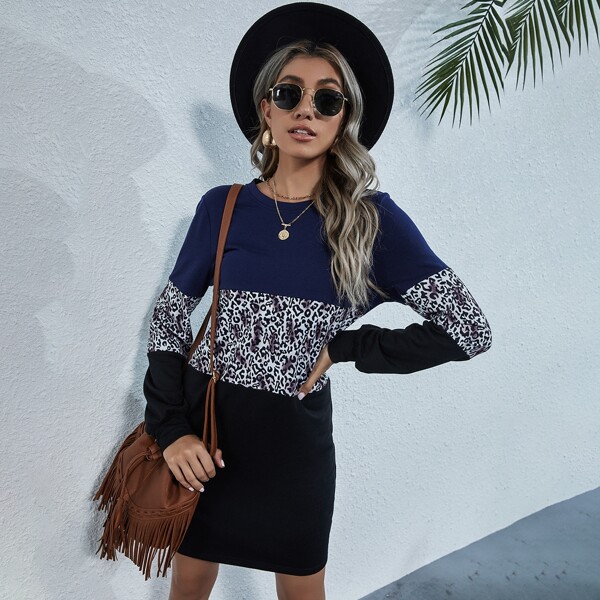 

Color Block Leopard Sweatshirt Dress, Multicolor