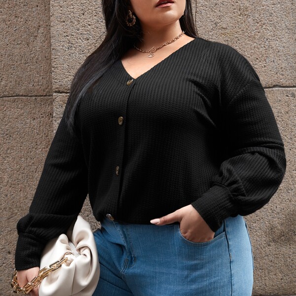 

Plus Button Front Waffle Knit Top, Black