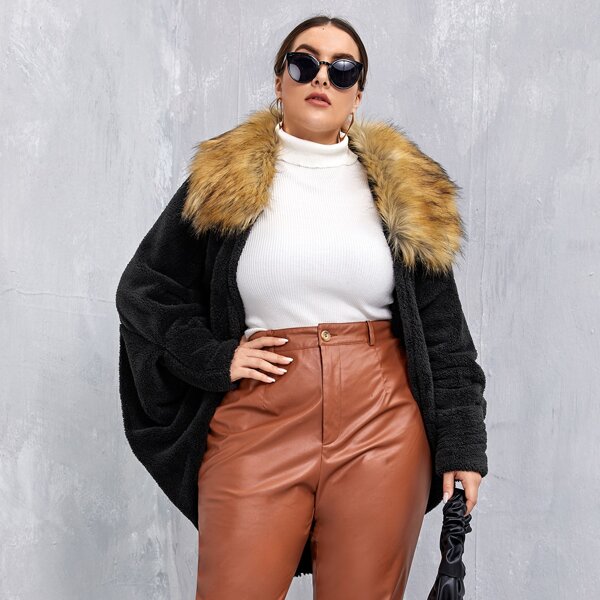 

Plus Fuzzy Collar Cape Teddy Coat, Black