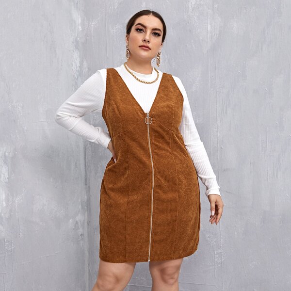 

Plus O-ring Zip Up Cord Overall Dress Without Tee, Brown
