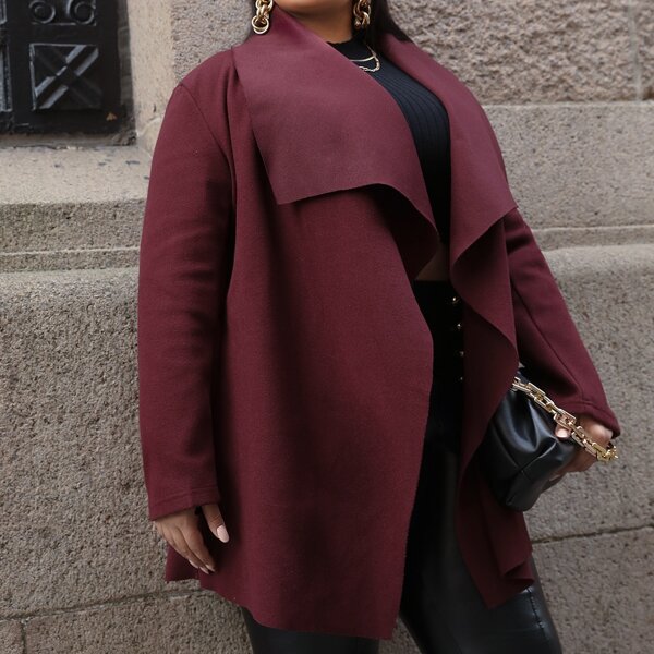 

Plus Waterfall Collar Self Tie Overcoat, Maroon