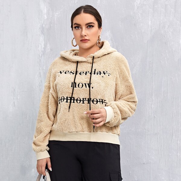

Plus Slogan Embroidery Teddy Drawstring Hoodie, Apricot