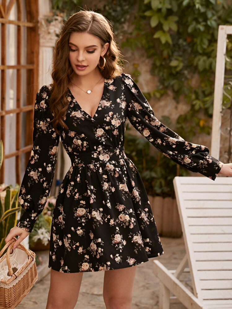 Surplice Neck Floral Dress SHEIN