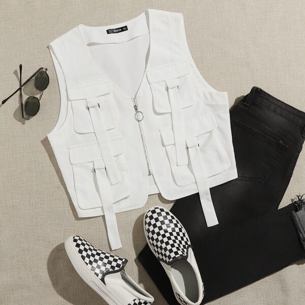 

Zipper Front D-ring Strap Flap Pocket Jacket, White