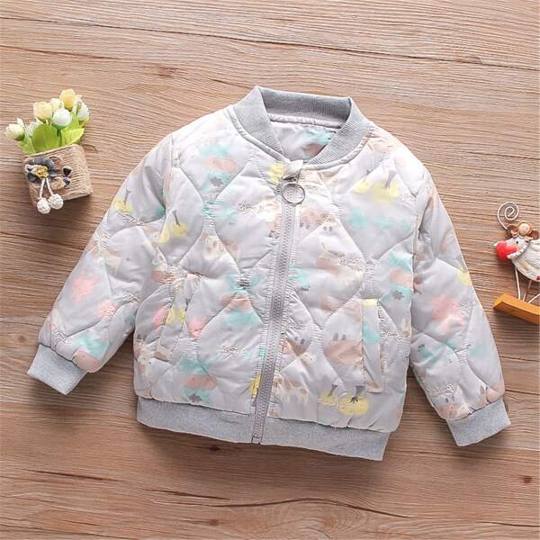 

Toddler Girls Quilted Cartoon Graphic Bomber Jacket, Light grey