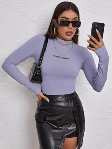SHEIN Unity Camiseta tejida de canalé con bordado de letra de cuello alto - Morado Violeta - Ver 1