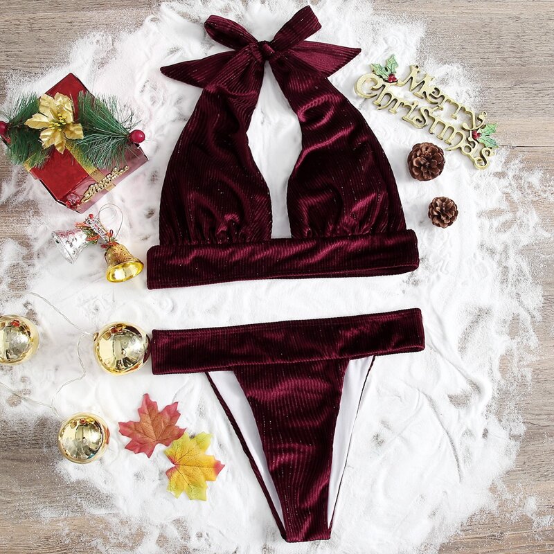 

Christmas Solid Halter Bikini Swimsuit, Burgundy