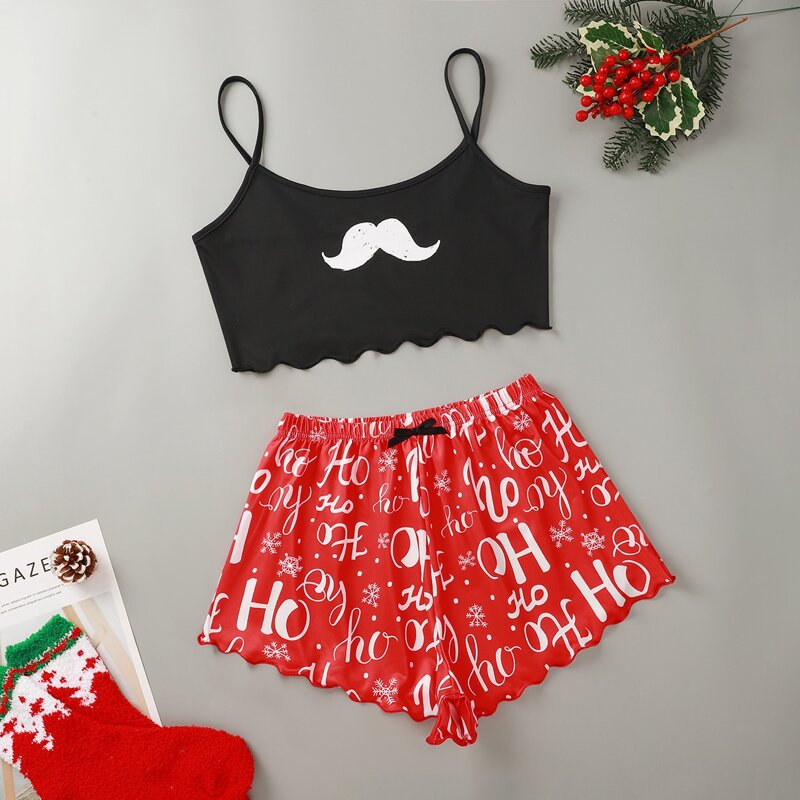 

Christmas Print Lettuce Trim Cami Pajama Set, Multicolor