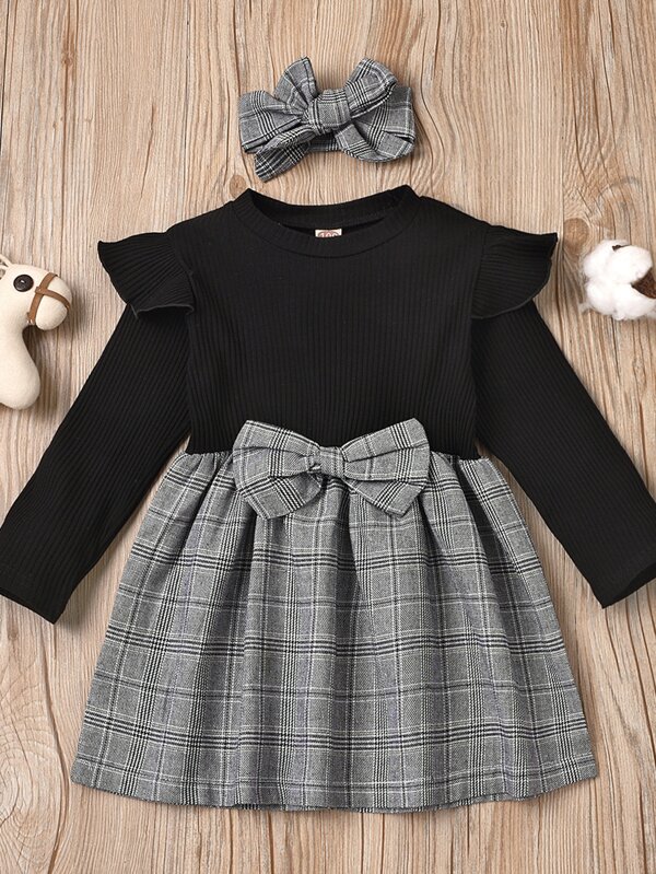 Toddler Girls Plaid Bow Front Combo Dress & Headband