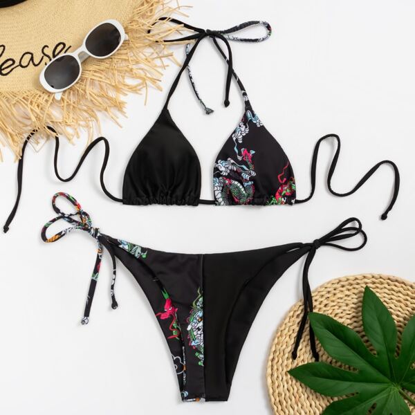 

Chinese Dragon Print Triangle Tie Side Bikini Swimsuit, Black