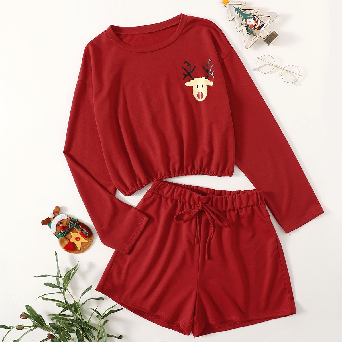

Christmas Deer Elastic Hem Lounge Set, Red