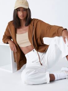 SHEIN BASICS Terry Fleece 100% Cotton Zip Up Pouch Pocket Drawstring Hoodie - Coffee Brown - View 1