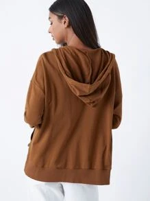 SHEIN BASICS Terry Fleece 100% Cotton Zip Up Pouch Pocket Drawstring Hoodie - Coffee Brown - View 2