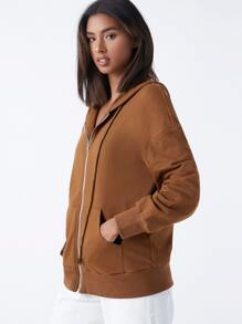 SHEIN BASICS Terry Fleece 100% Cotton Zip Up Pouch Pocket Drawstring Hoodie - Coffee Brown - View 3