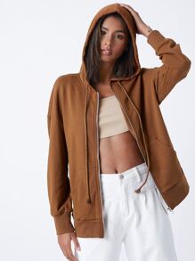 SHEIN BASICS Terry Fleece 100% Cotton Zip Up Pouch Pocket Drawstring Hoodie - Coffee Brown - View 4