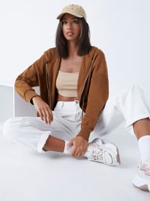 SHEIN BASICS Terry Fleece 100% Cotton Zip Up Pouch Pocket Drawstring Hoodie - Coffee Brown - View 5