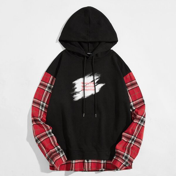 

Men Tartan Letter Graphic Drawstring Hoodie, Black