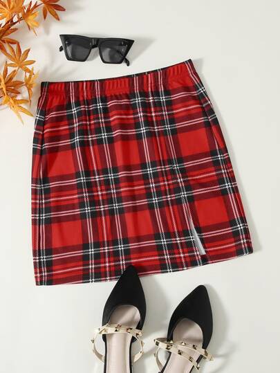 SHEIN Plaid Split Detail Skirt