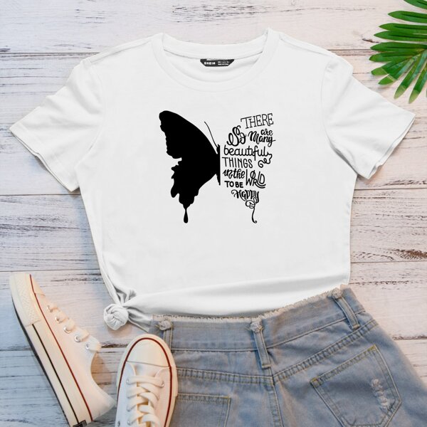

Slogan & Butterfly Print Tee, White