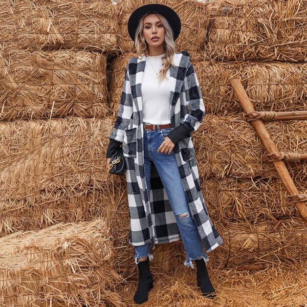 

Open Front Buffalo Plaid Hooded Flannel Coat, Black and white