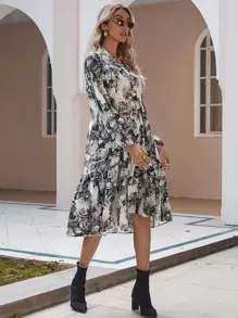 SHEIN Unity 西裝領風景圖案連衣裙不帶腰帶 - 黑與白 - 查看 3