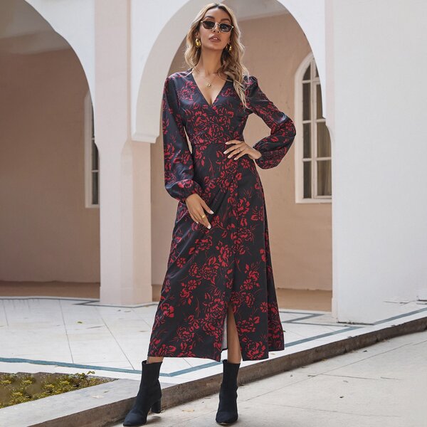

Floral Bishop Sleeve Wrap Dress Without Belt, Black