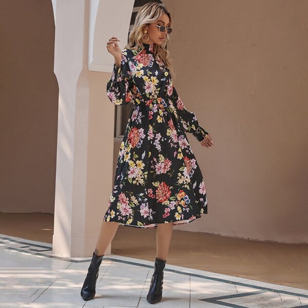 

Floral Shirred Collar Midi Dress Without Belt, Multicolor
