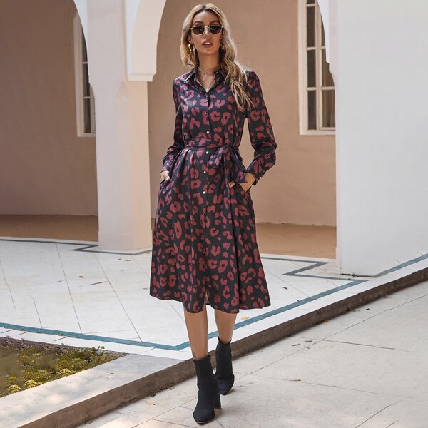 

Button Front Belted Allover Print Shirt Dress, Multicolor