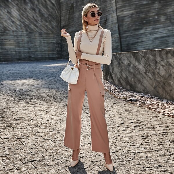 

High Waist Belted Suspender Jumpsuit, Coral pink