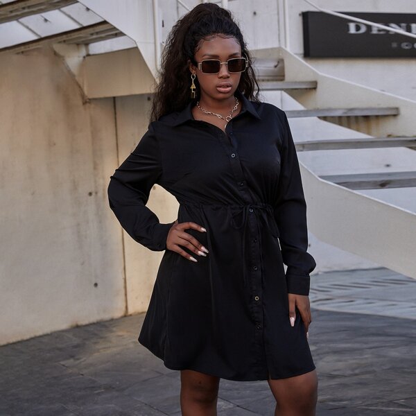 

Plus Solid Drawstring Shirt Dress, Black