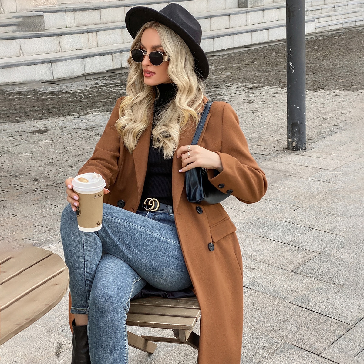 Image of Double Breasted Lapel Collar Split Hem Overcoat