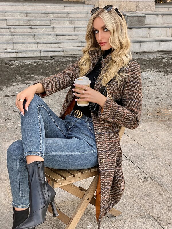 SHEIN BIZwear Plaid Button Up Stand Collar Belted Overcoat Workwear