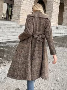 SHEIN BIZwear Plaid Button Up Stand Collar Belted Overcoat Workwear - Multicolor - View 2