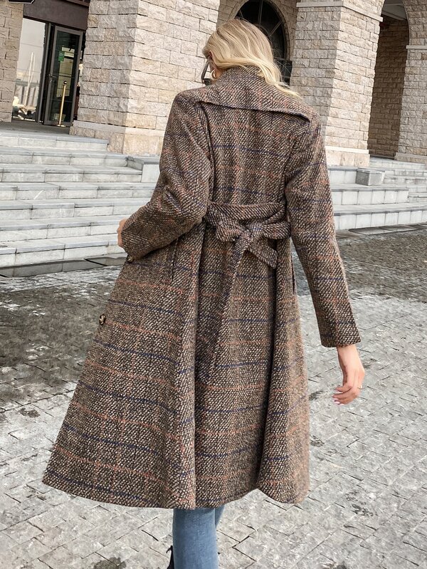 SHEIN BIZwear Plaid Button Up Stand Collar Belted Overcoat Workwear