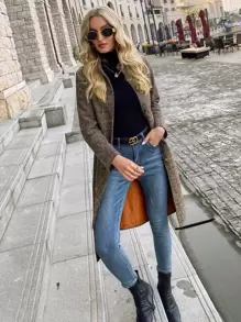 SHEIN BIZwear Plaid Button Up Stand Collar Belted Overcoat Workwear - Multicolor - View 3