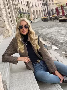 SHEIN BIZwear Plaid Button Up Stand Collar Belted Overcoat Workwear - Multicolor - View 6