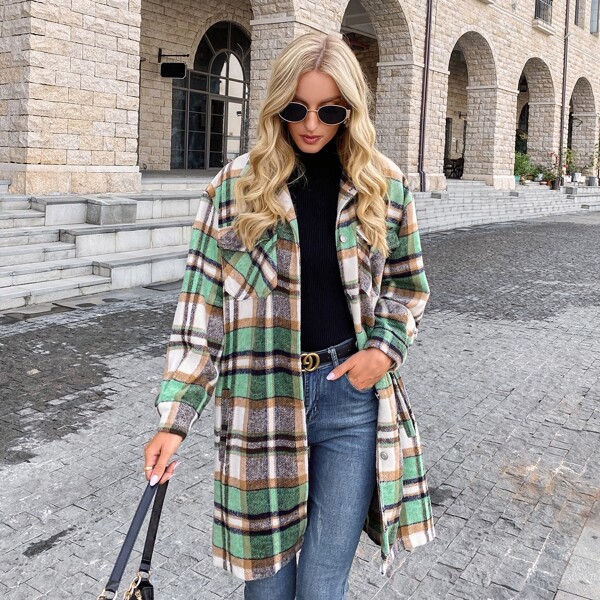 

Drop Shoulder Flap Pocket Plaid Overcoat, Multicolor