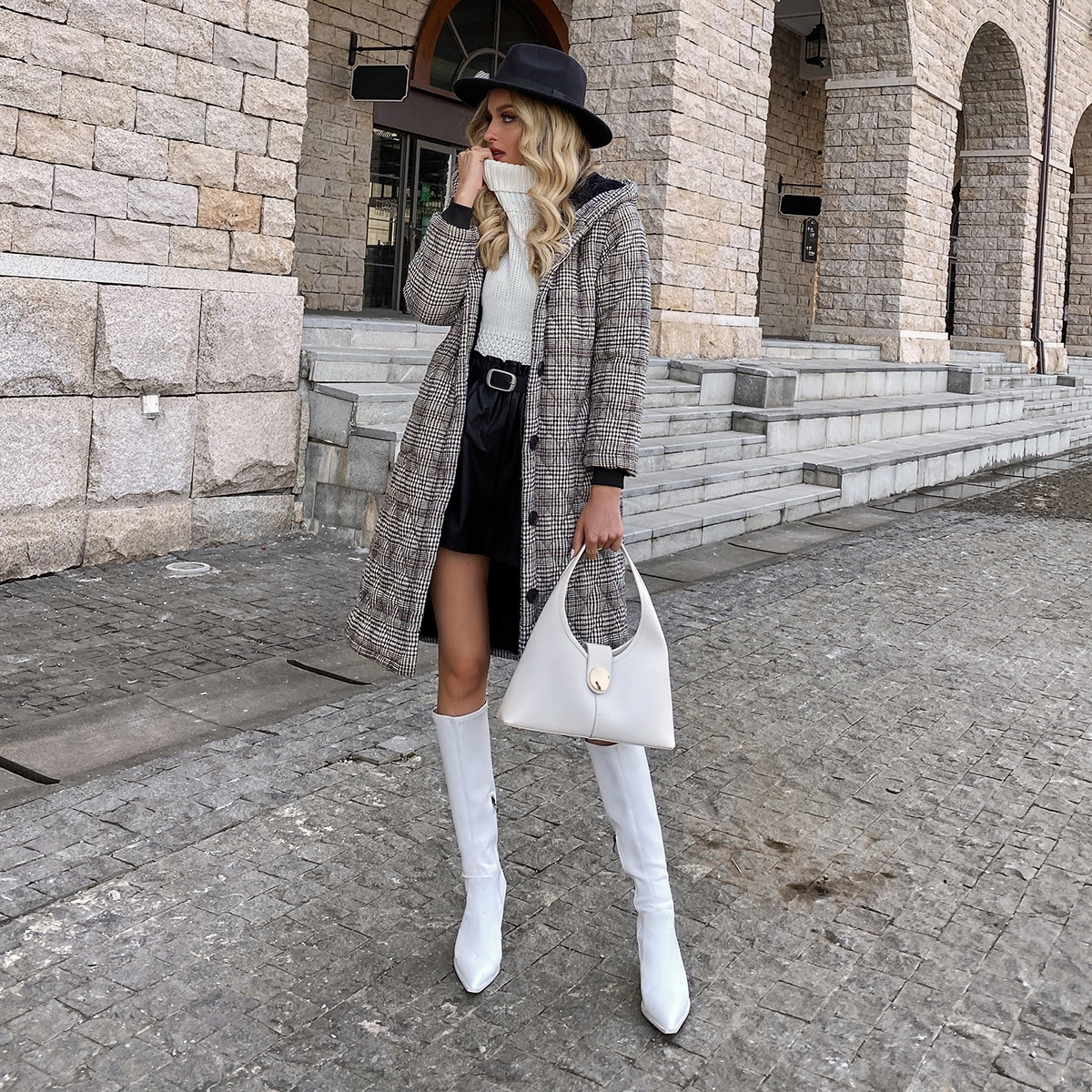 Image of Button Front Plaid Hooded Overcoat