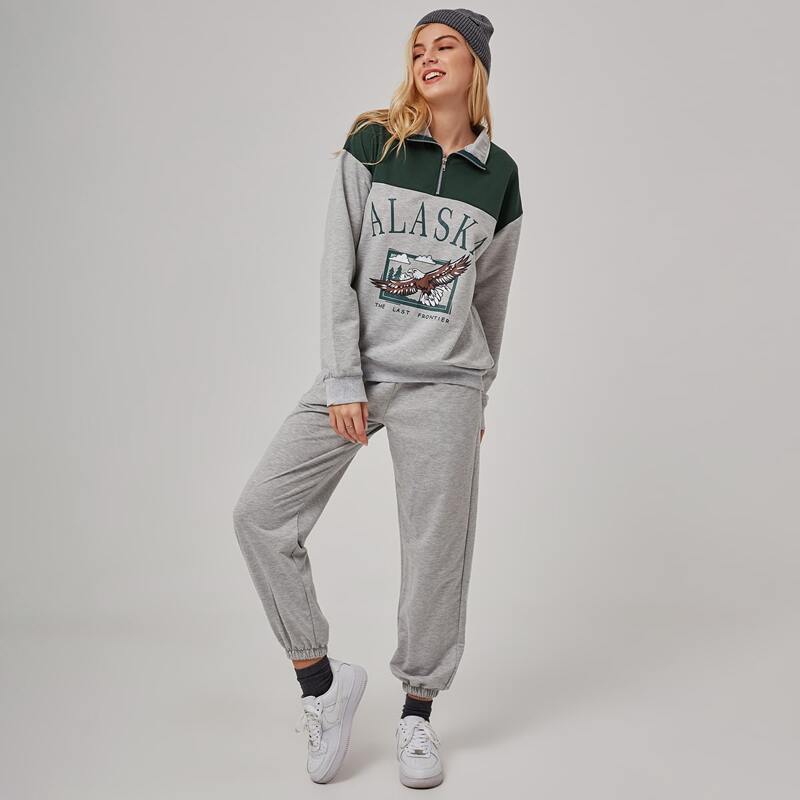 

Letter Graphic Half-Zip Sweatshirt & Sweatpants, Light grey