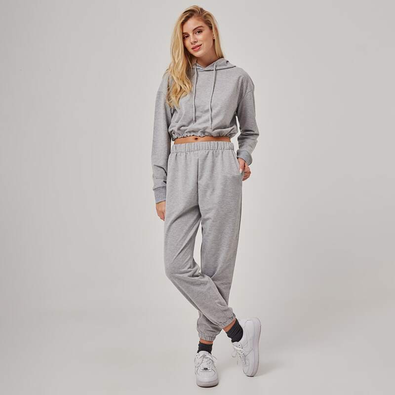 

Solid Drawstring Hoodie & Sweatpants, Light grey