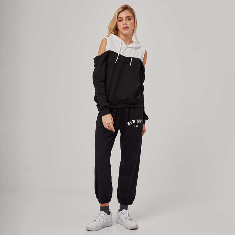 

Cold Shoulder Hoodie & Letter Graphic Sweatpants, Black and white