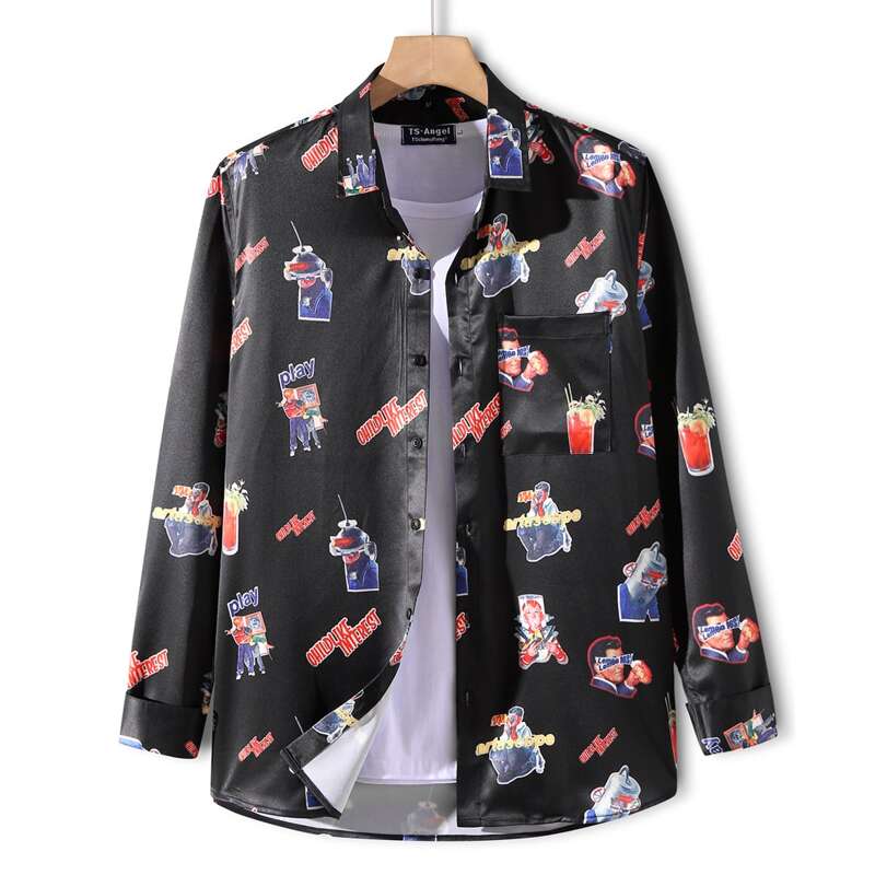 

Guys Letter And Figure Print Button Front Shirt Without Tee, Black