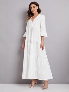 SHEIN Flounce Sleeve Ruffle Hem Smock Dress - White - View 3