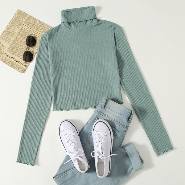 

High Neck Lettuce Trim Rib-knit Tee, Pastel mint green